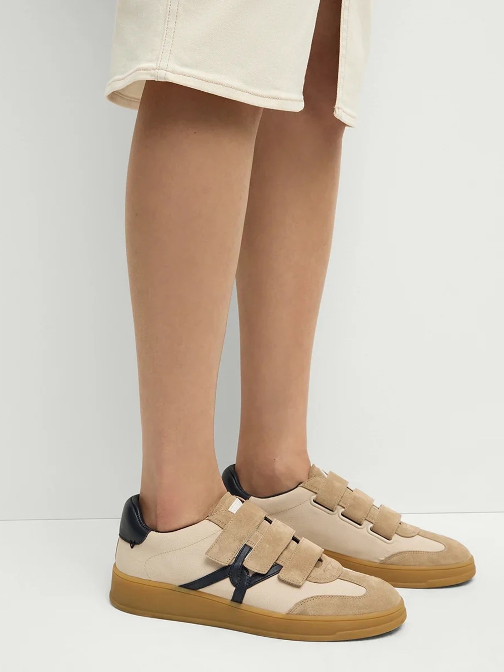 Veronica Beard Reagan Velcro Beige Navy Suede Leather Sneakers 8.5
